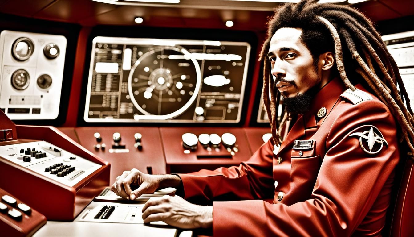 **retro, 30, man play by Bob Marley, fi, crimson dreadlock, goatee, uniform sitting at command center, starship Enterpri...