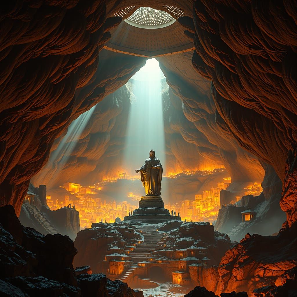 Ethereal Cave Metropolis in High-Contrast Fantasy Style