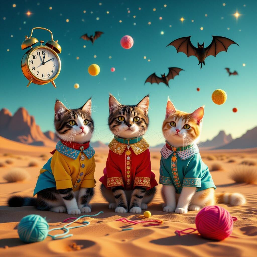 Cats Play with Time: A Surrealist Dreamscape