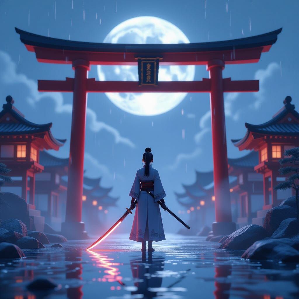 Kunoichi in Rain Under Crimson Torii Gate, Moonlight Blade R...