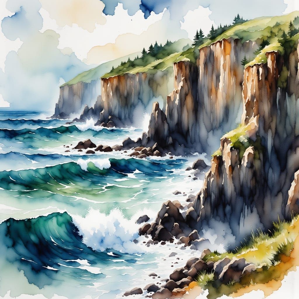 Abstract Watercolor Coastline with Crashing Waves