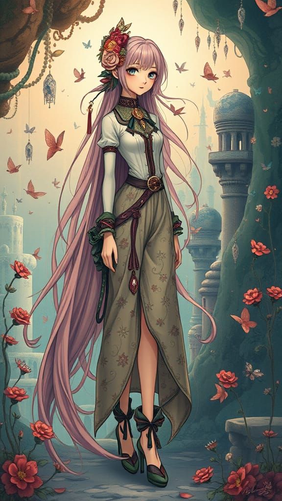 Stylish Female Character in Dreamy Fantasy World