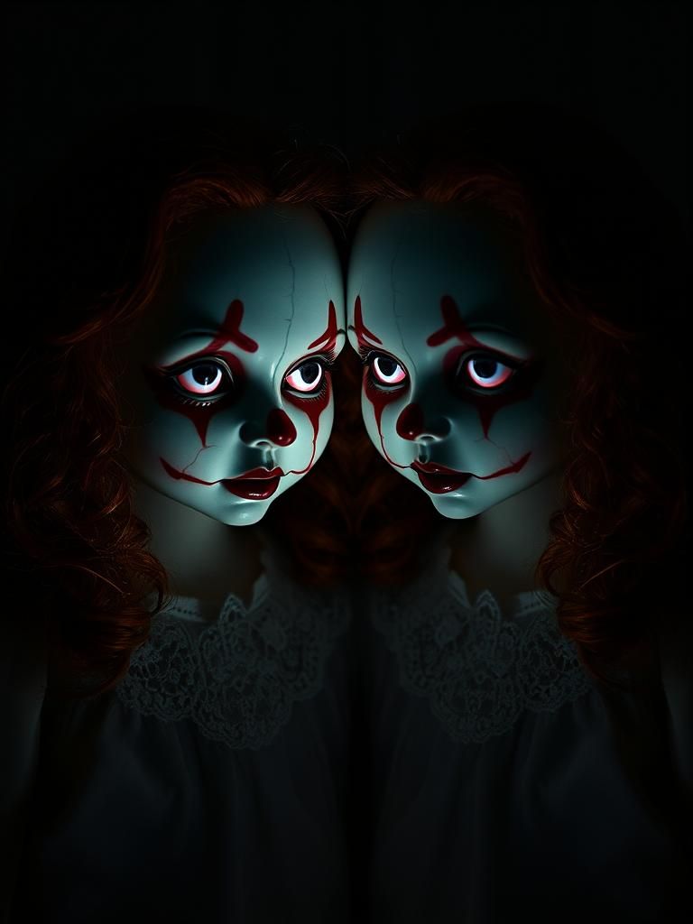 Sinister Porcelain Dolls in Shadowy Room