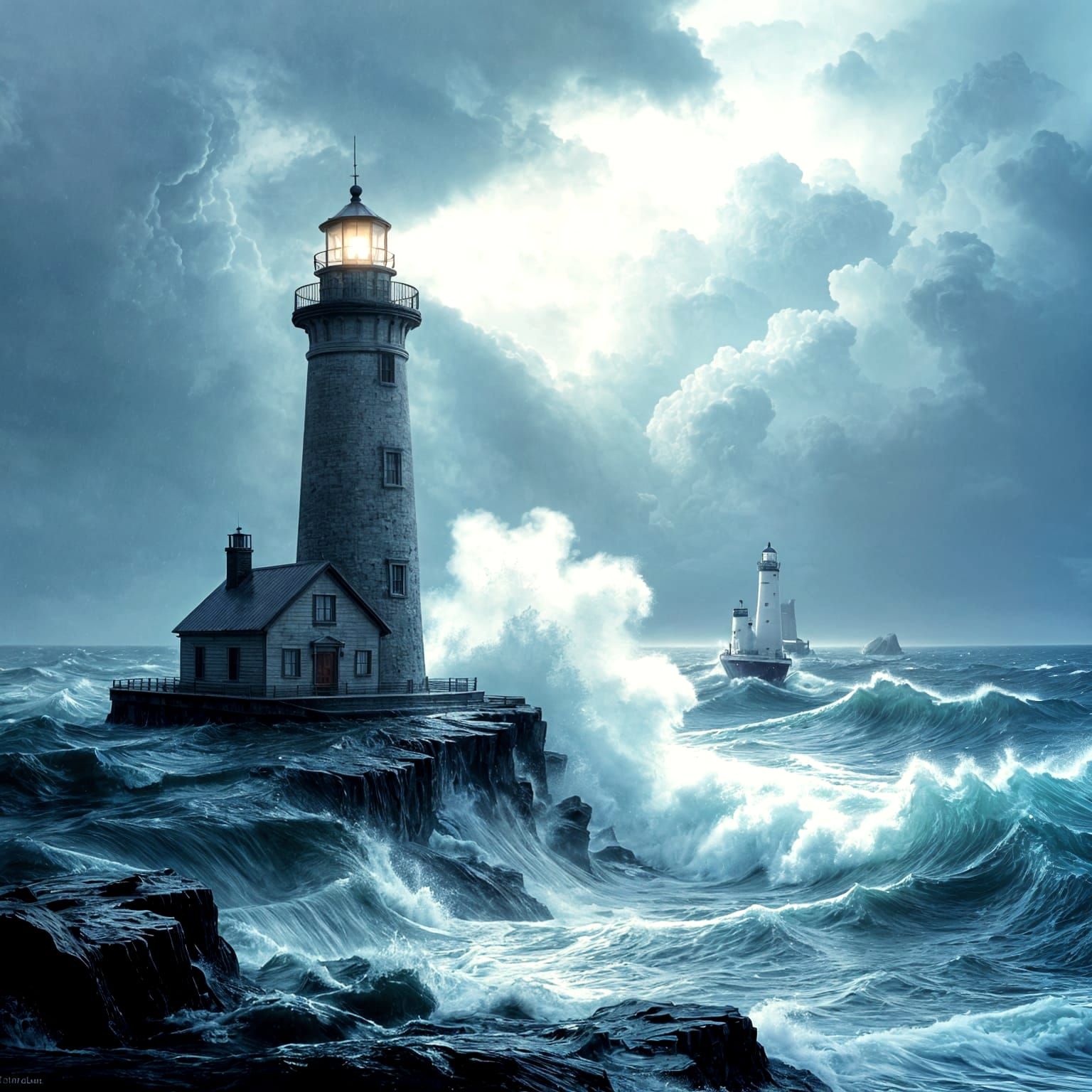 Lighthouse Beacon Amidst Violent Storm, Dramatic Seascape