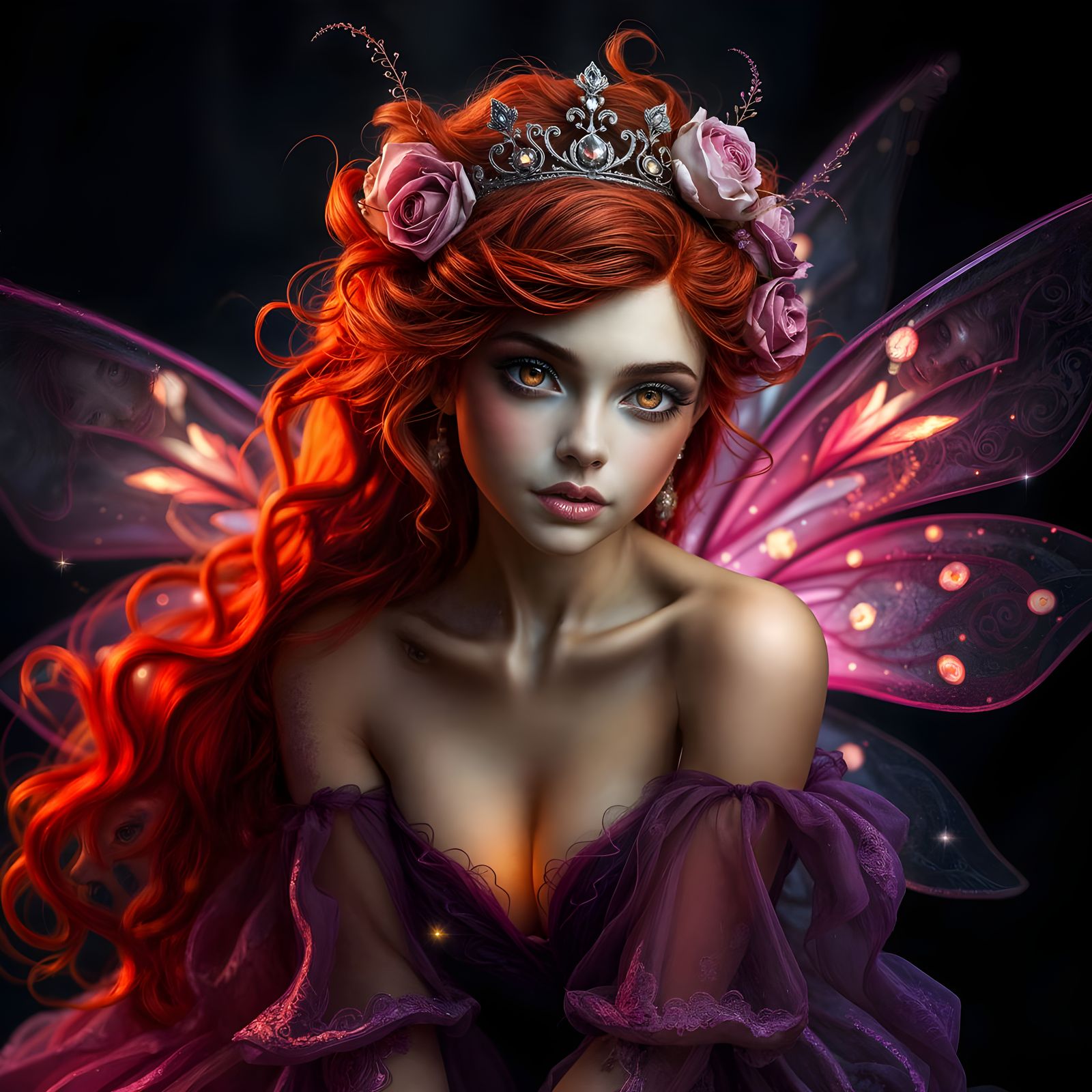 Mystical Fairy with Radiant Red Hair and Translucent Wings