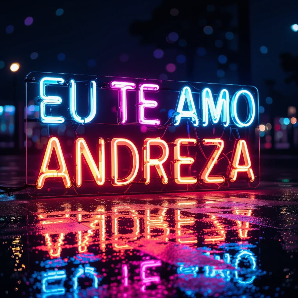 Neon Sign "Eu Te Amo Andreza" Glowing in Night
