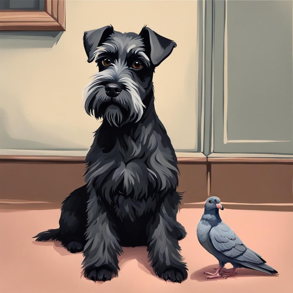 Sad Schnauzer and Pigeon: A Gouache Painting
