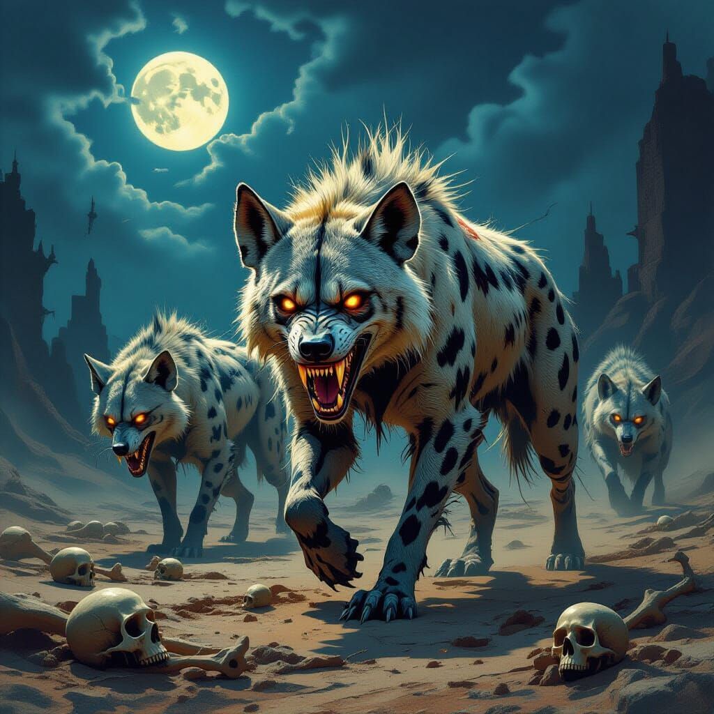Monstrous Hyenas Prowl Wasteland in Dark Fantasy Style
