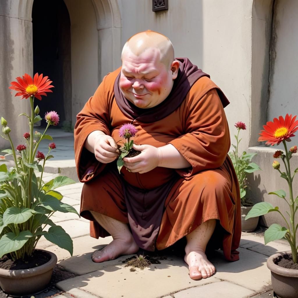 Jolly Monk Observes Flower