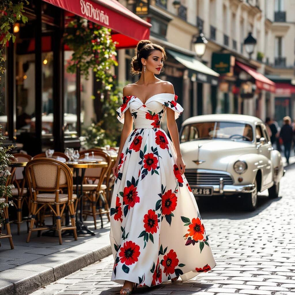 Parisian Woman in Floral Dress, Vintage Style