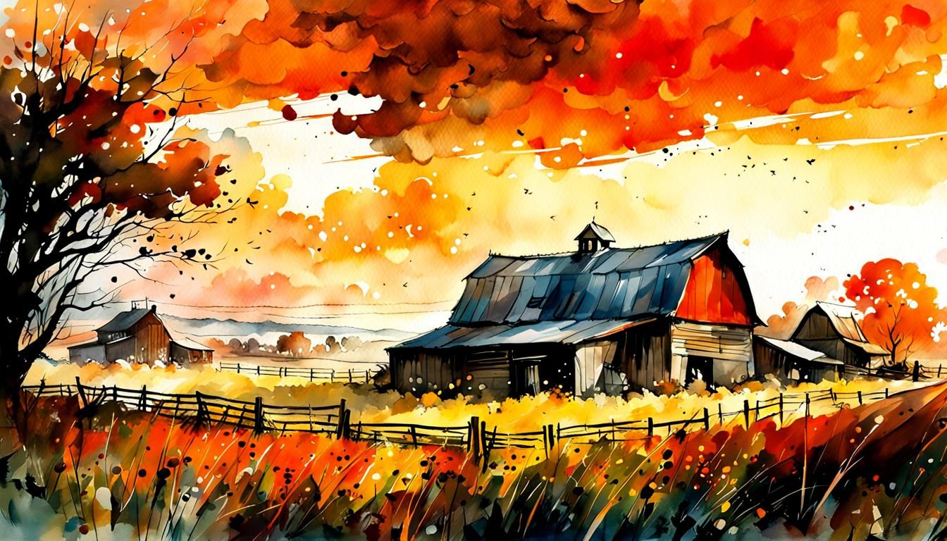 Orange Sky Farmstead: Watercolour Digital Art