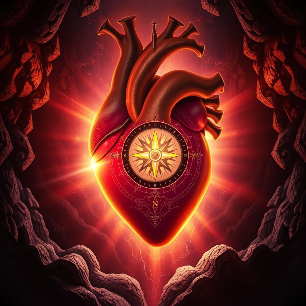 Mystical Heart Compass Radiating Light in Dark Fantasy Art