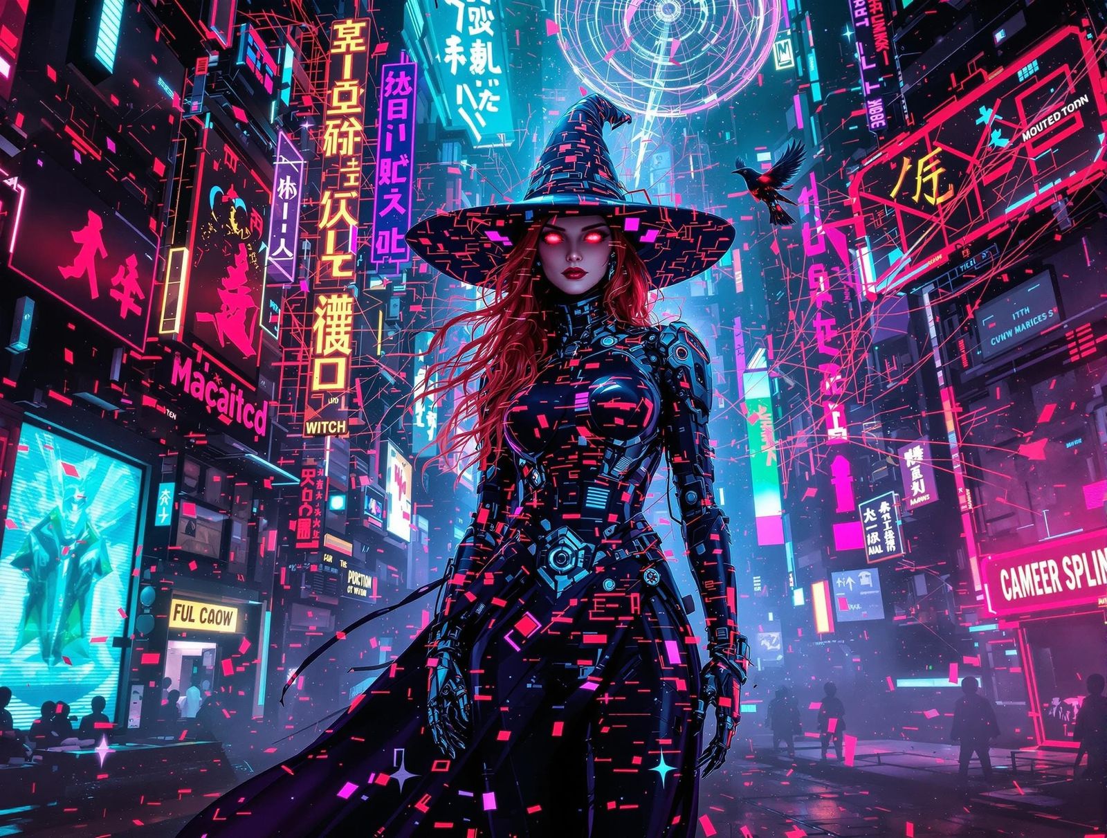 Cybernetic Witch in Fracturing Neon City, Glitch Art