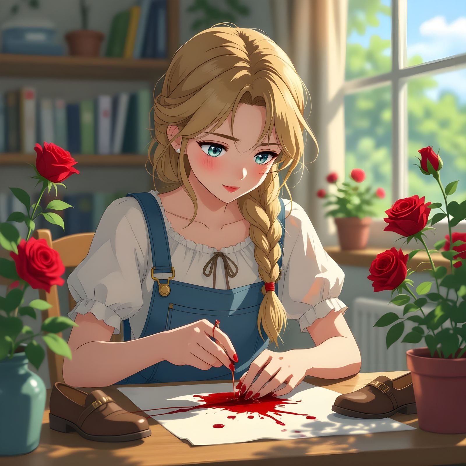 Girl Sewing Shoes, Blood Blooms into Roses Anime Style