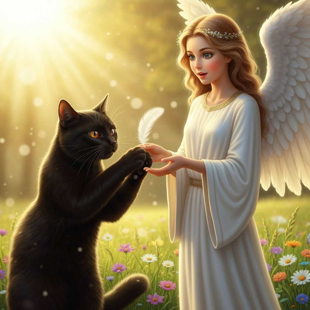 Cat Offering Feather to Angelic Being