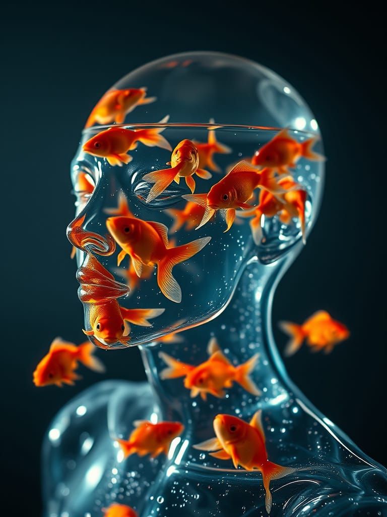 Surreal Glass Form Reveal Thoughts Swimming Freely in Goldfi...