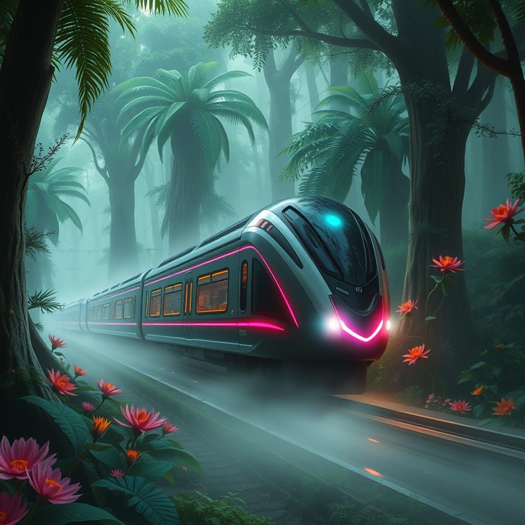 Futuristic Bioluminescent Train in Emerald Jungle