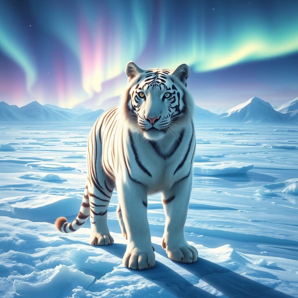 Majestic White Tiger Amidst Aurora Borealis