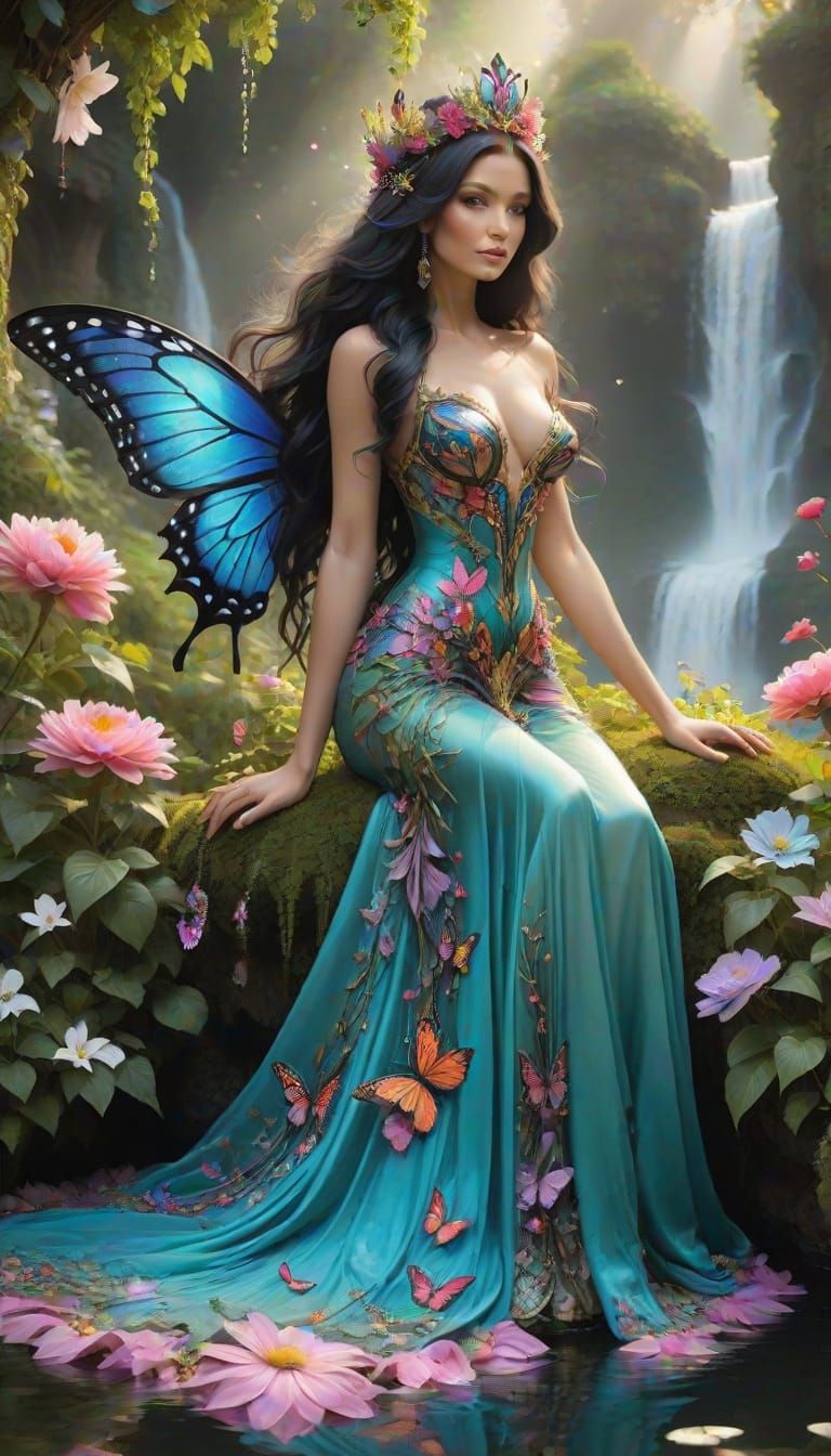 Ethereal Fantasy Woman with Butterfly Wings on Floral Throne