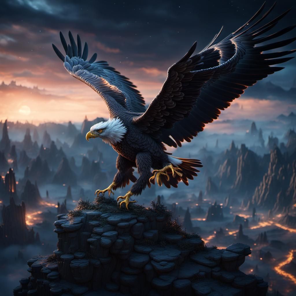 Black Eagle Soaring in Night Sky: Detailed Matte Painting