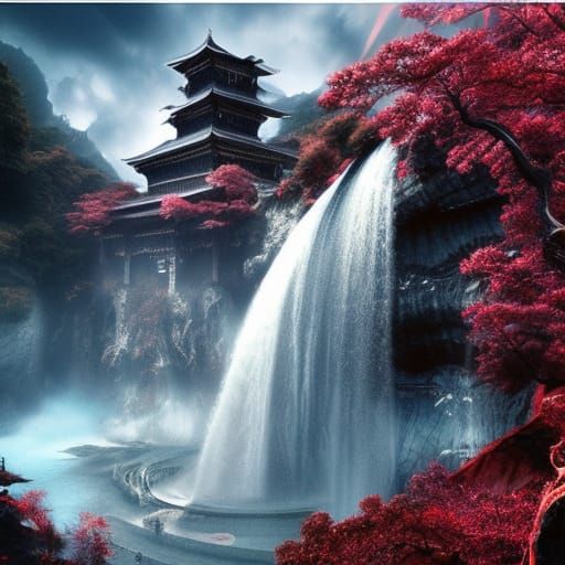 Epic Dragon Gate Waterfall Digital Painting