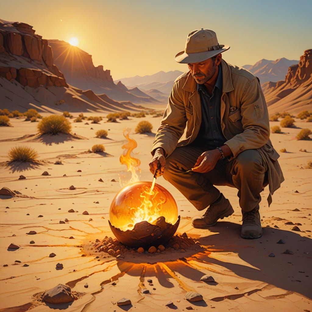 Archeologist Lights Sulfur Ball in Desert Oil Painting
