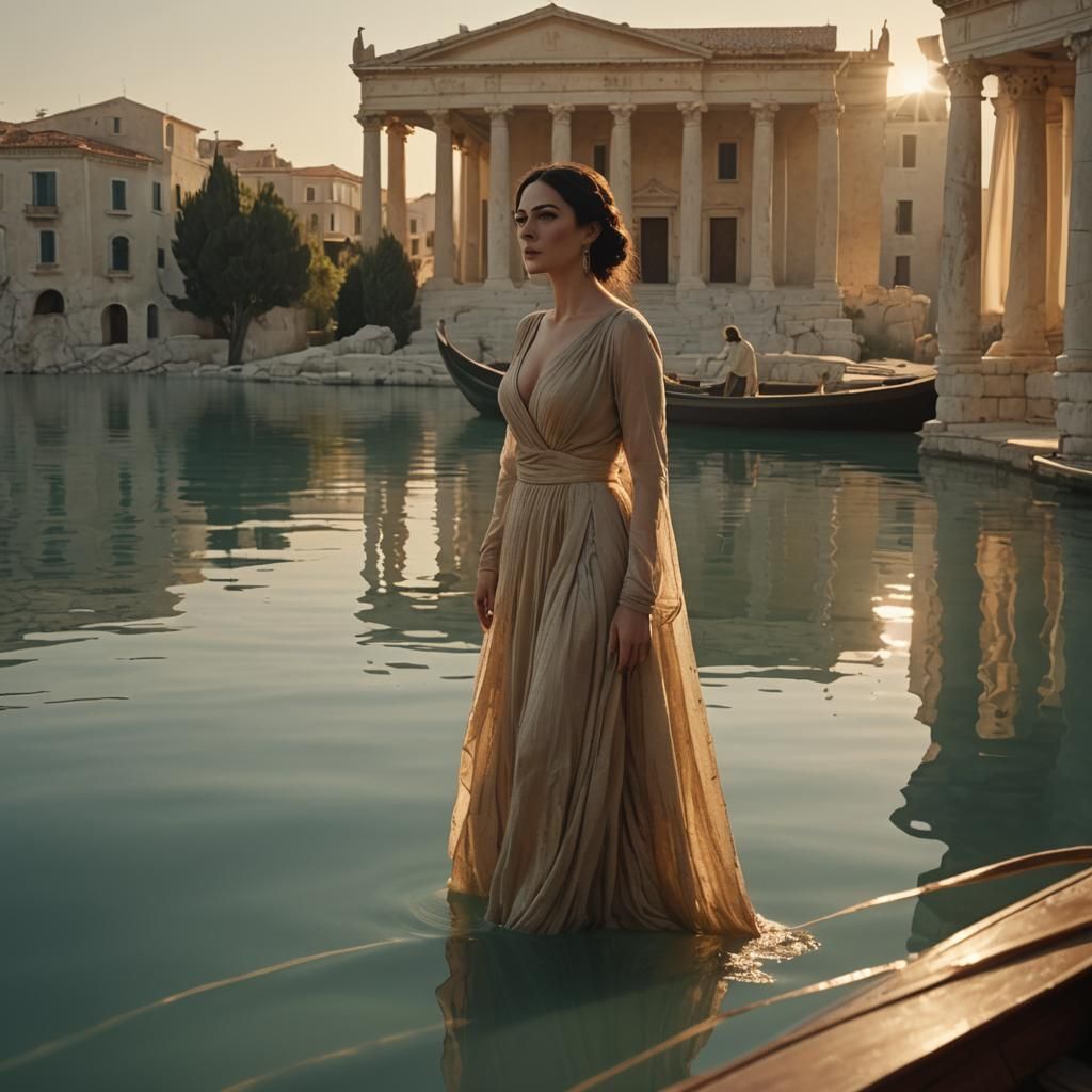 Monica Bellucci on Lake in Golden Light