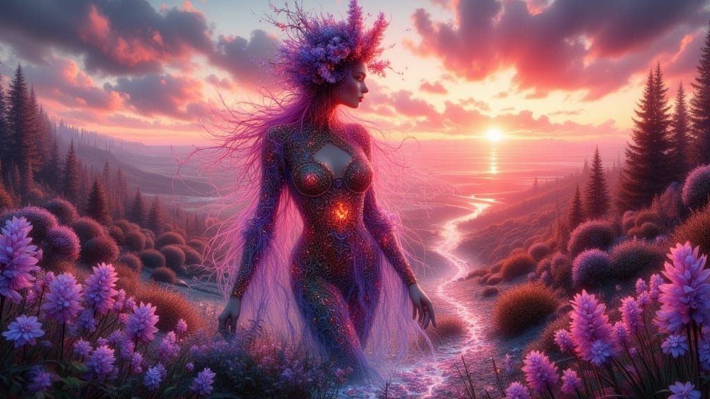 Luminescent Woman in Surreal Cybernetic Dreamscape