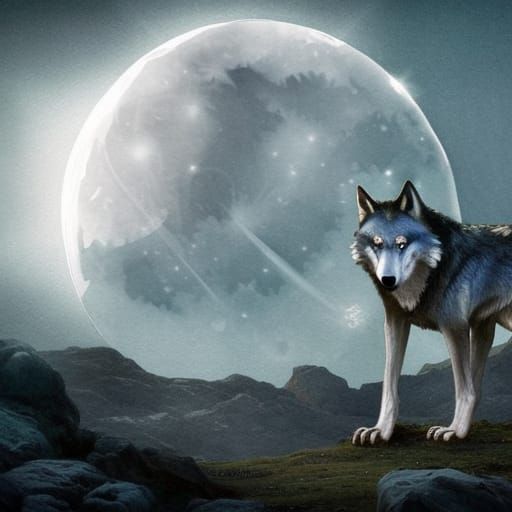 Alien Landscape with Wolves in Watercolor Style