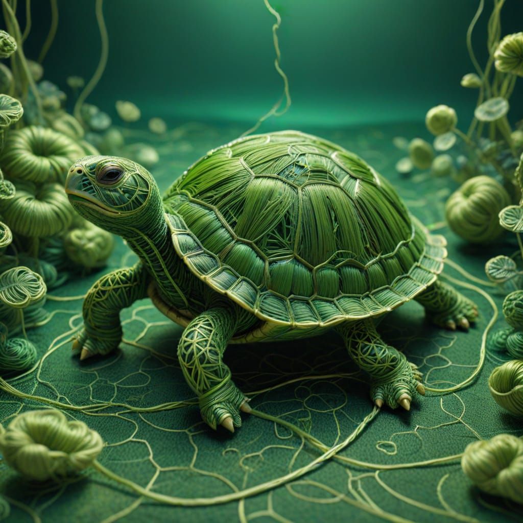 Green Thread Turtle in a Surrealist Style