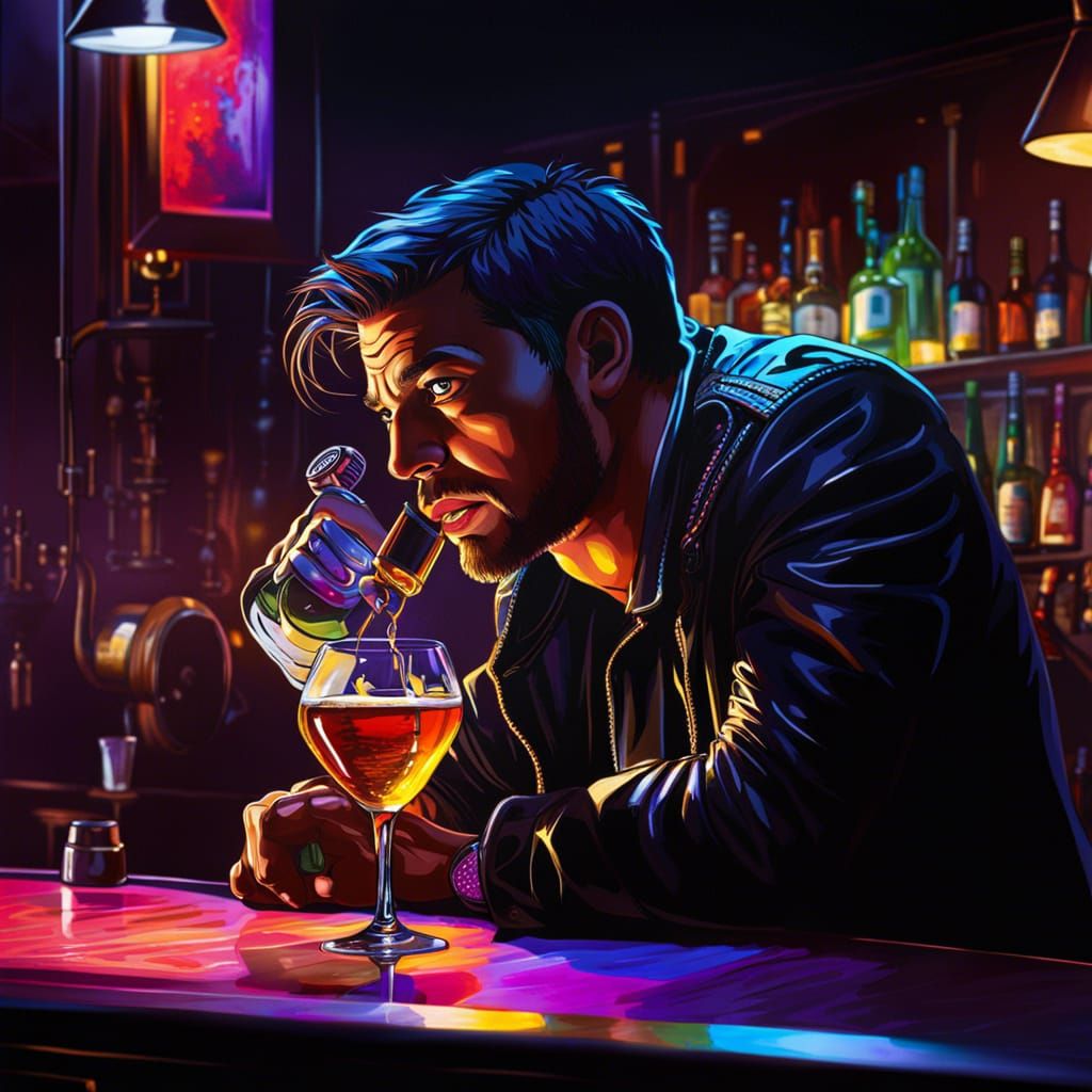 Hyperrealistic Alcoholic in Dark Bar: Splash Art