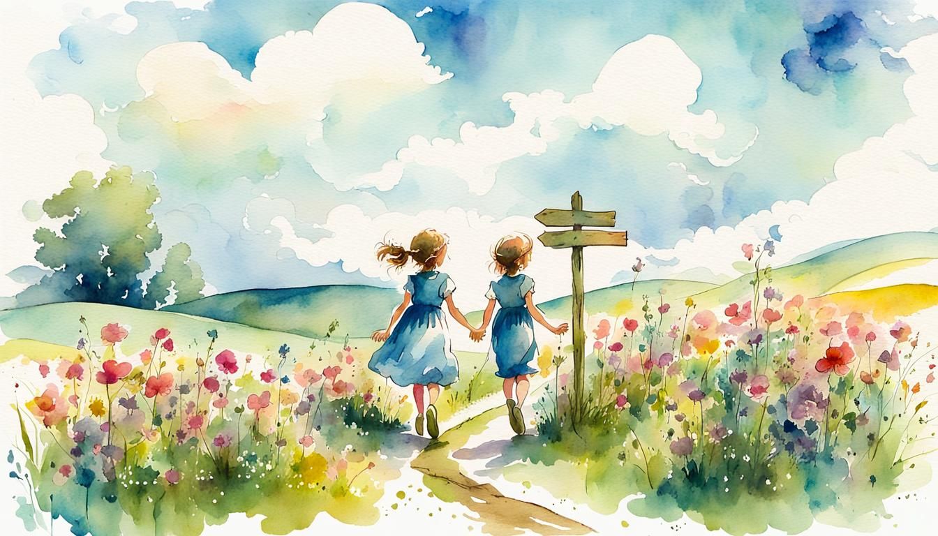 Children in Summer Meadow: Watercolor Illustration
