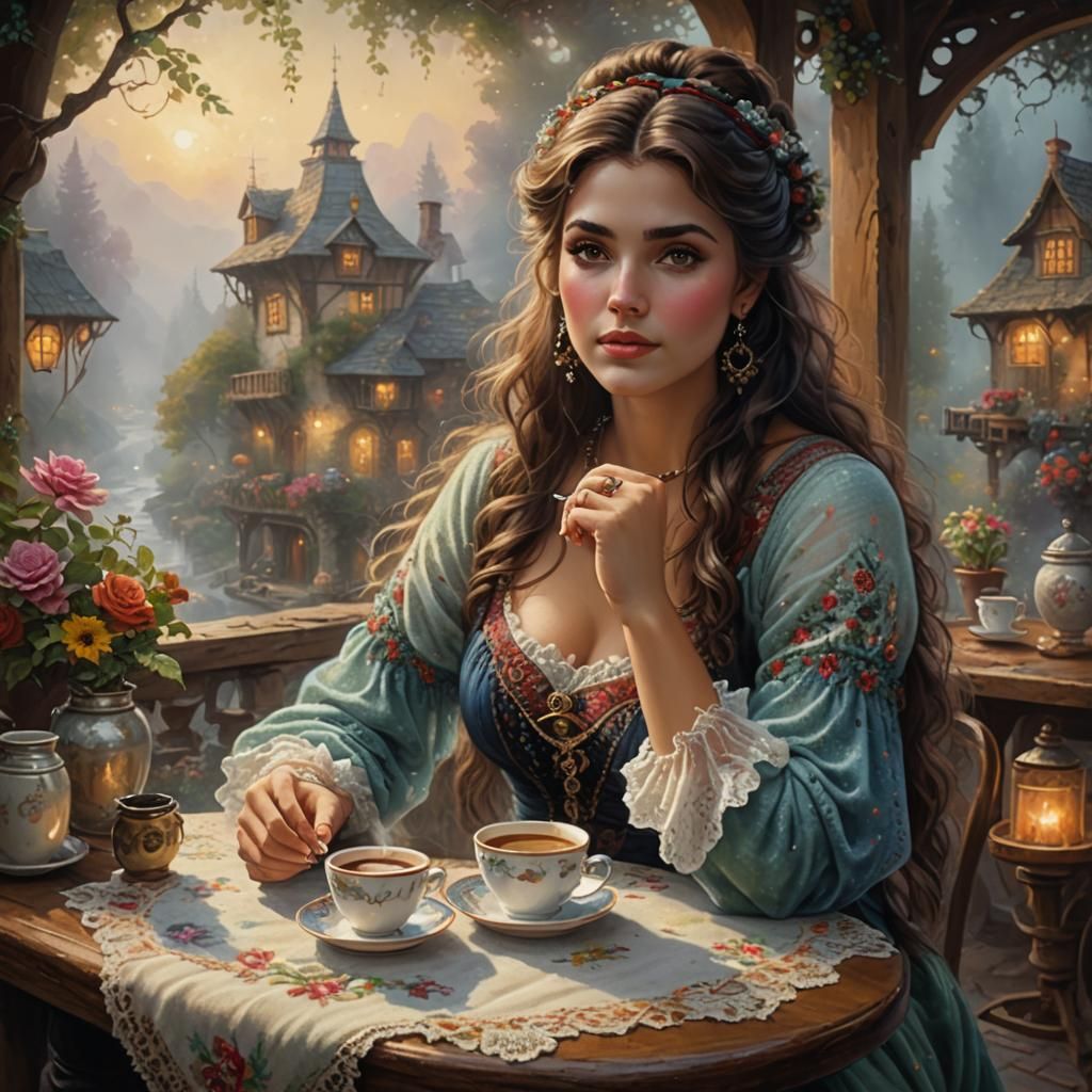 Vintage Gypsy Girl Drinking Coffee in Cozy Setting