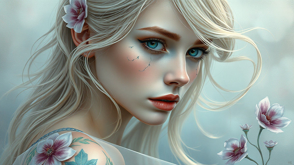 Ethereal Woman with Flower Tattoos: Surreal Digital Art