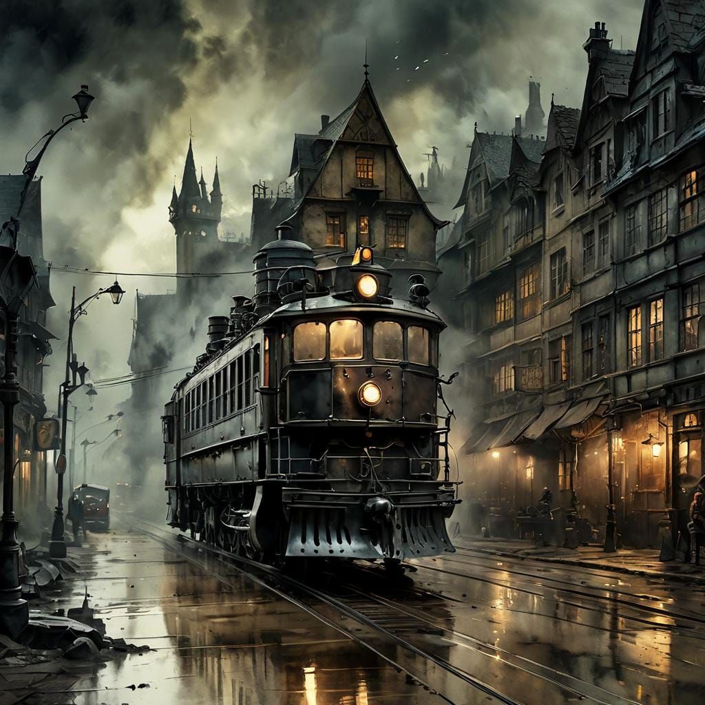 Steampunk Plague Doctor in Foggy Medieval Street