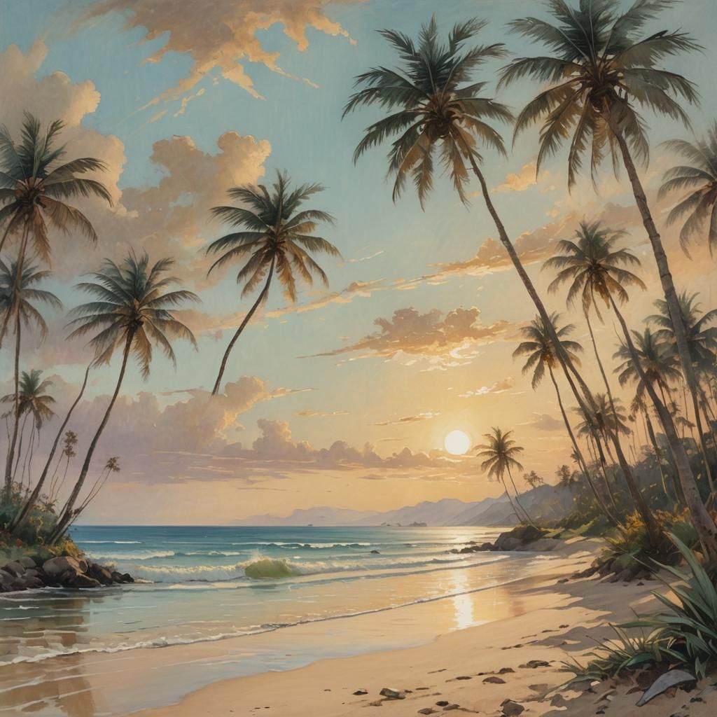 Tropical Beach Palm Trees Swaying in Impressionist Style