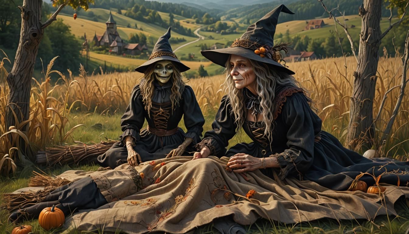 Anthropomorphic Witch Chatting with Scarecrow: Photorealisti...