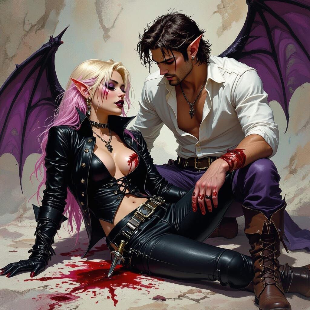 Wounded Elf Vampire Blood Drink: Dark Fantasy Art