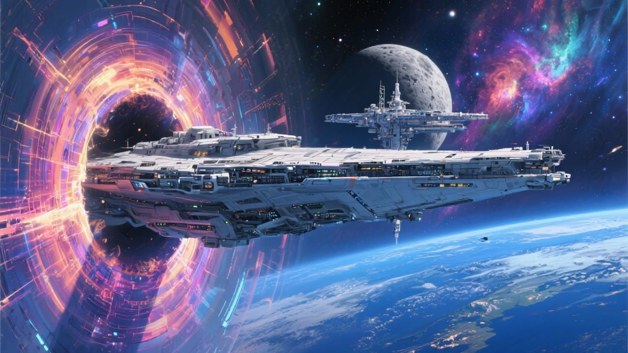 Massive Starship Emerging from Time-Gate Above Blue Planet