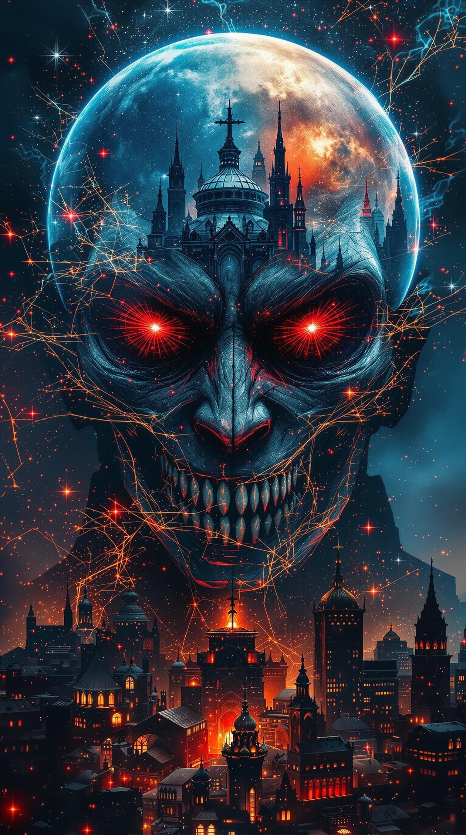 Demonic God in Hellscape: Digital Double Exposure