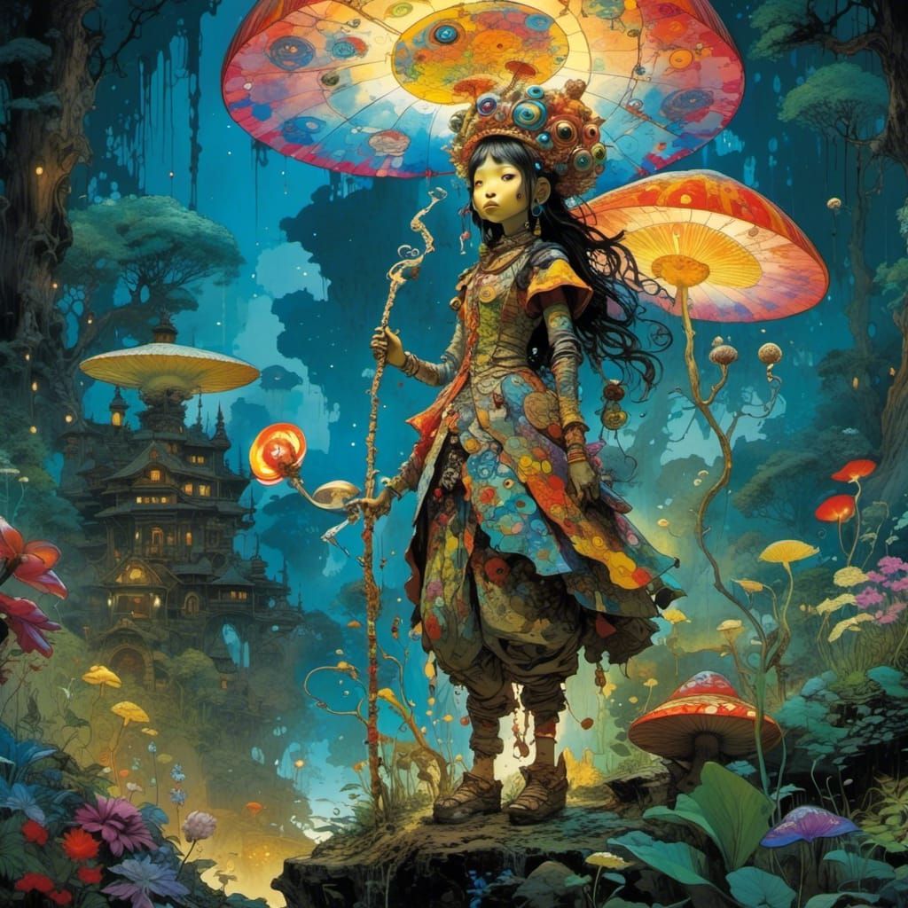 Mystical Woman in Iridescent Fantasy Garden