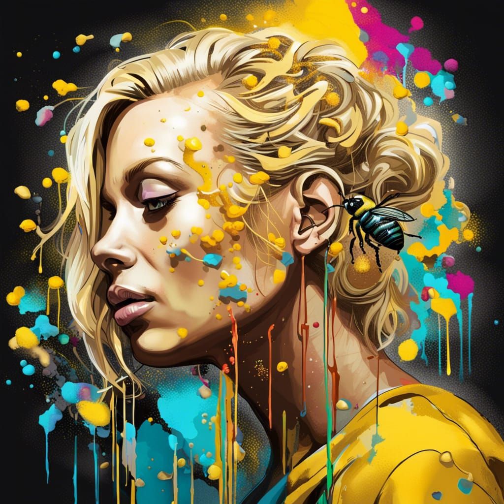 Beautiful blonde woman profile, mind unraveling with a bee hive in her mind, surreal, fantasy