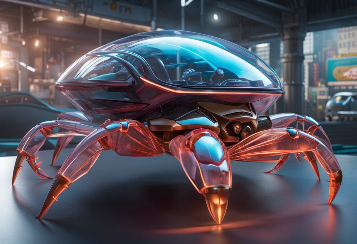 Futuristic Glass Car on Crab, Detailed Digital Art