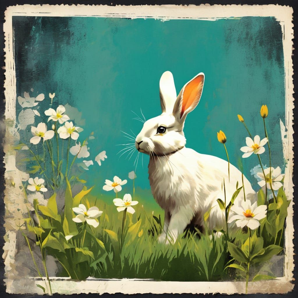 Whimsical Spring Scene in Vintage Distressed Style