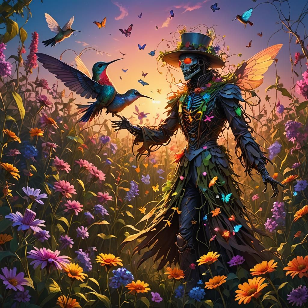 Neon Scarecrow Dances in Sunrise Flower Field