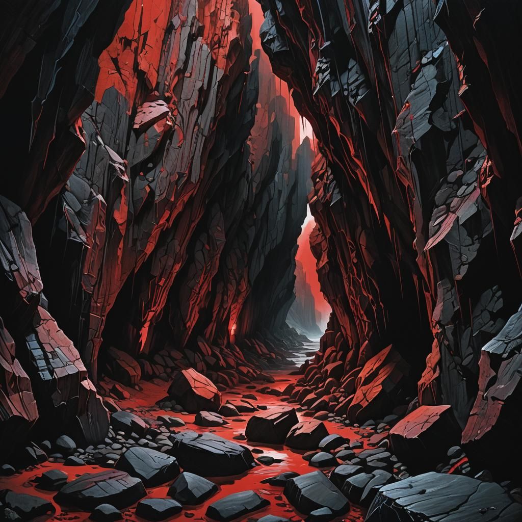 Ominous Cave Passageway in Dark Surrealism Style