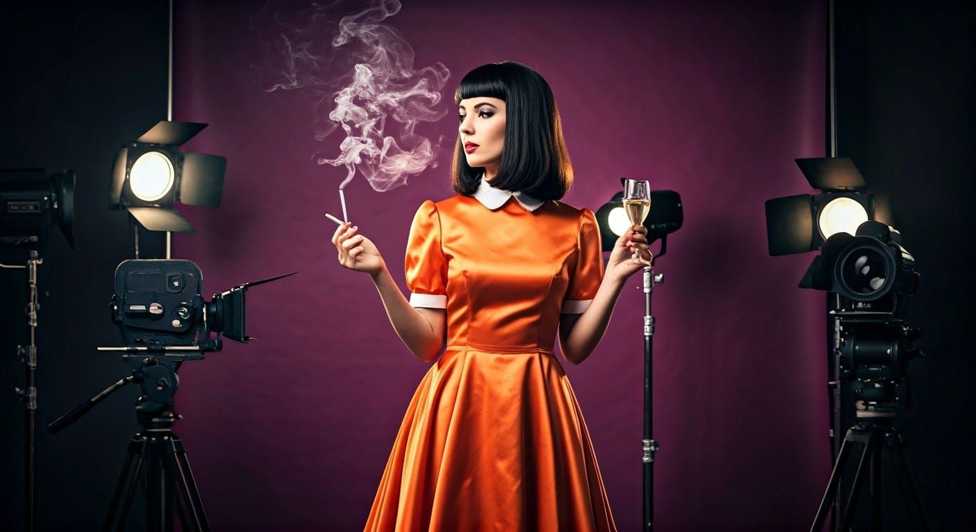 Dramatic Woman in Orange Dress with Champagne, Cinematic Lig...