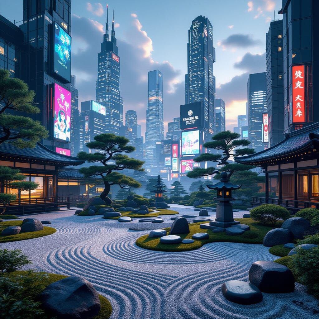 Zen Garden Versus Cyberpunk Cityscape in Matte Painting Styl...