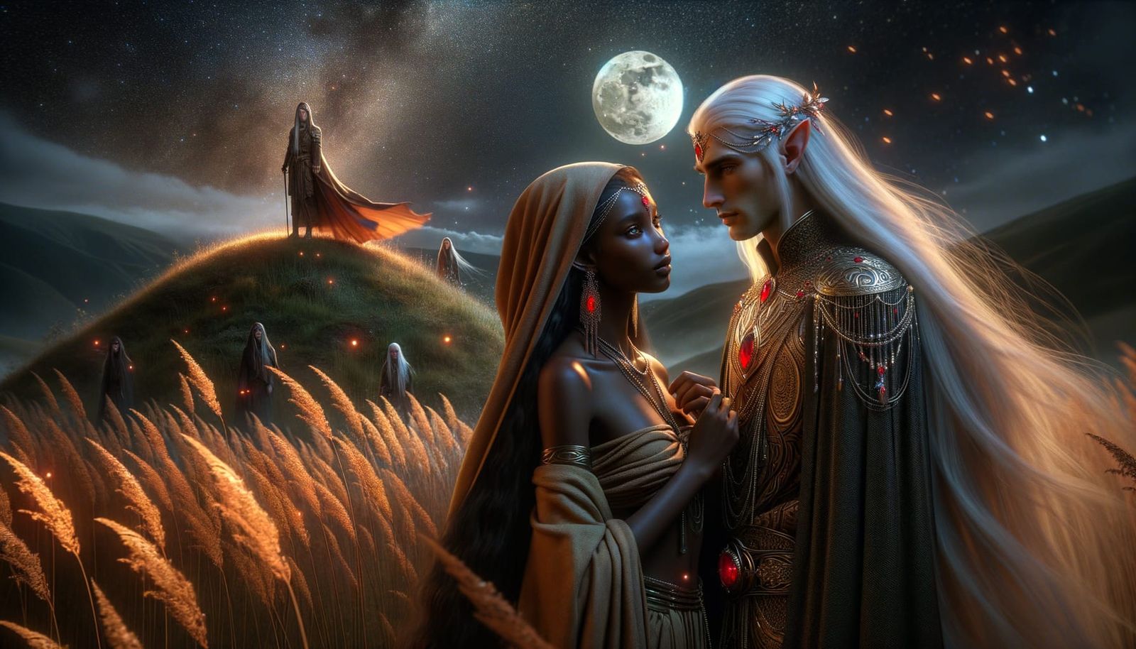 Tribal Maiden Contemplates Regal Elven King Under Starry Nig...