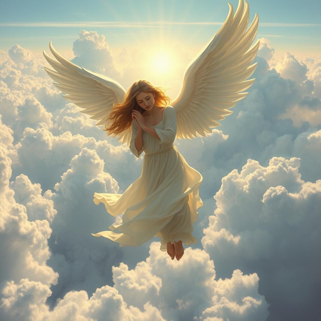 Angelic Figures Descend in Tempera Paint Style